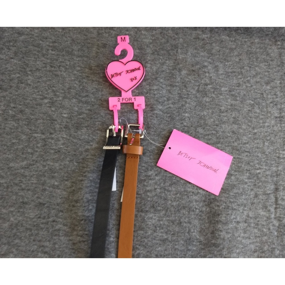 Betsey Johnson Skinny Belt Set of 2 Black & Cognac Leopard Underside Women M NWT